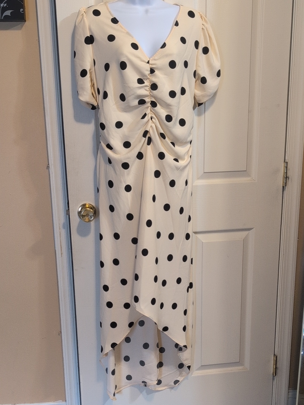Polka Dot Cream Midi Dress with Ruched Front